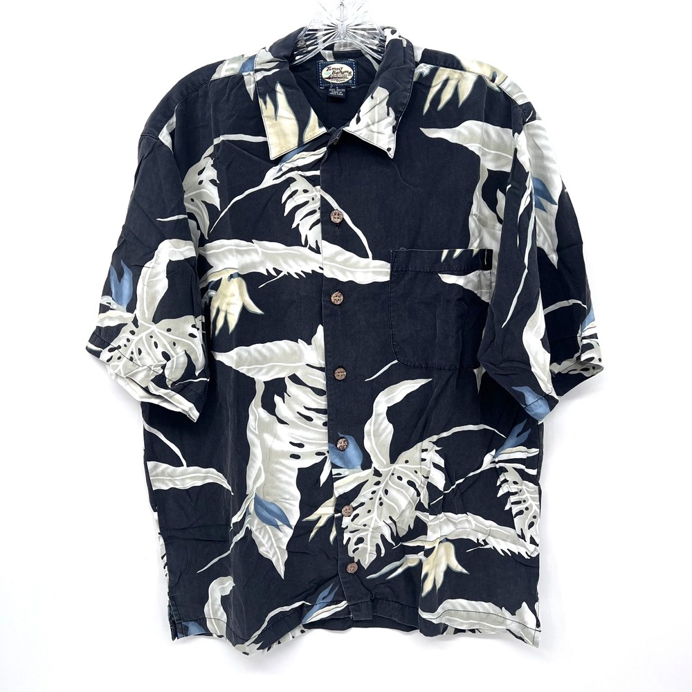 TOMMY BAHAMA Men's Size S Vintage 90s Black Hawaiian Tropical Rayon Camp Shirt